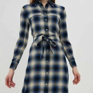 Polo Ralph Lauren Plaid Twill Shirt Dress Blue Plaid Belted Maxi Size 6